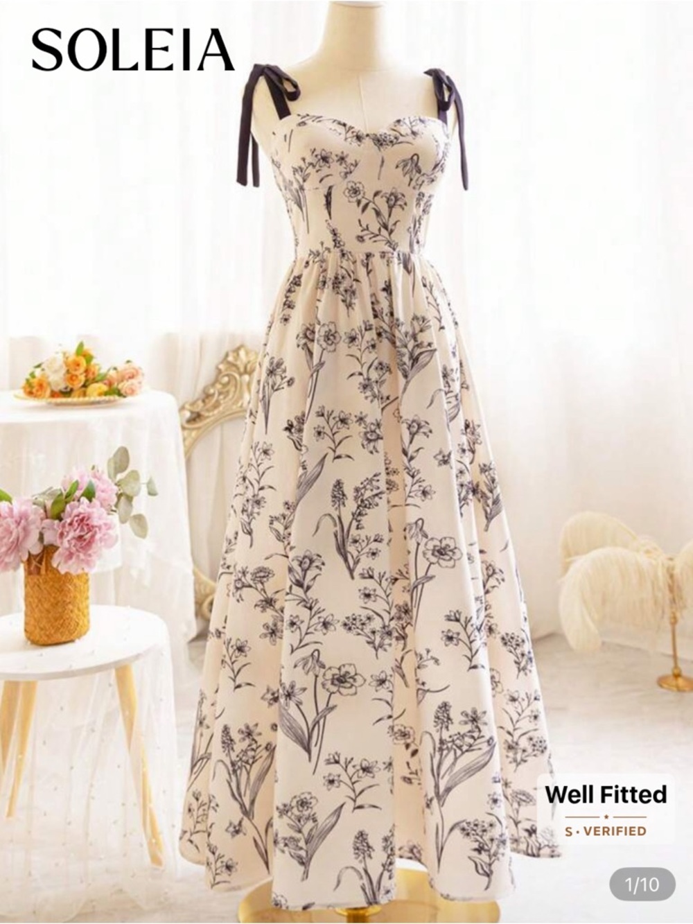 SHEIN Cream Strapless Floral Midi Dress with Black Tie Straps